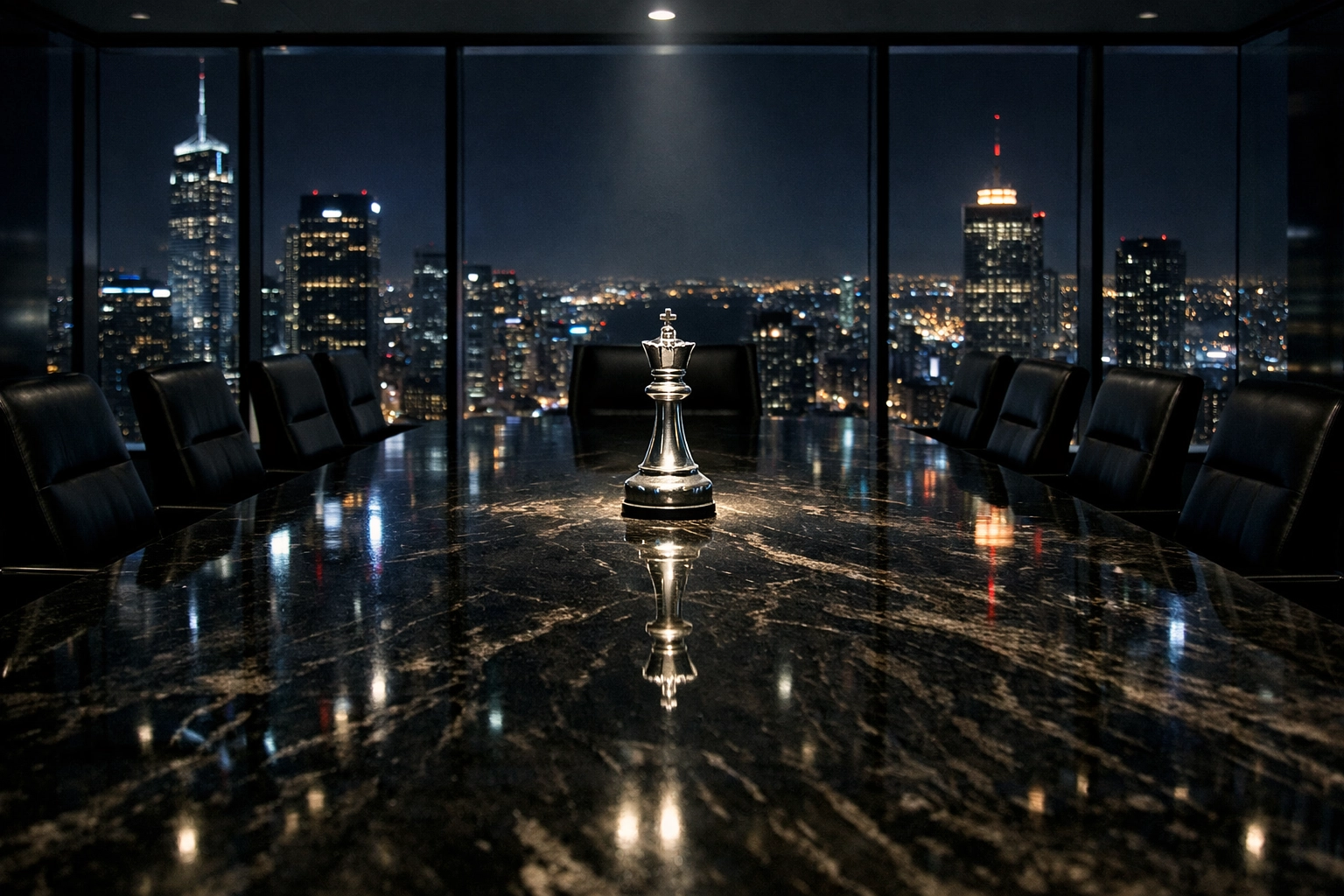 A silver chess king in a luxury boardroom, symbolizing the strategic legal moves of a master trustee.