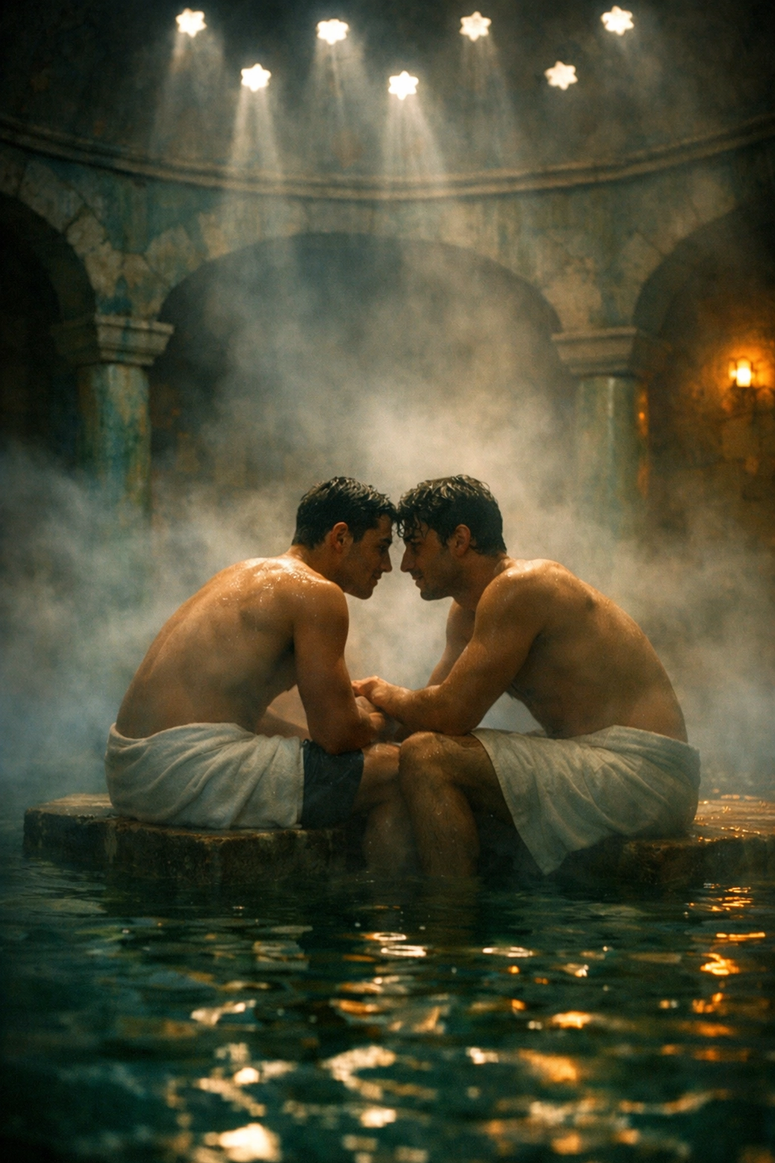 Two men in a steamy Budapest thermal bath, capturing the clandestine gay history that inspires modern MM romance books.