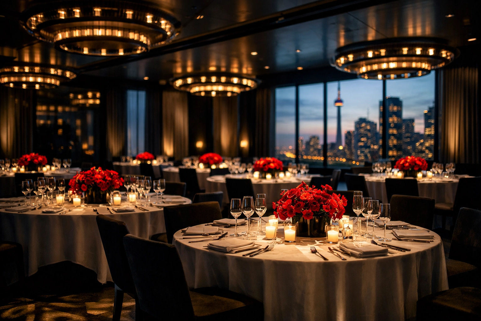 Elegant investor event ballroom setup overlooking Toronto skyline for exclusive mining finance gathering