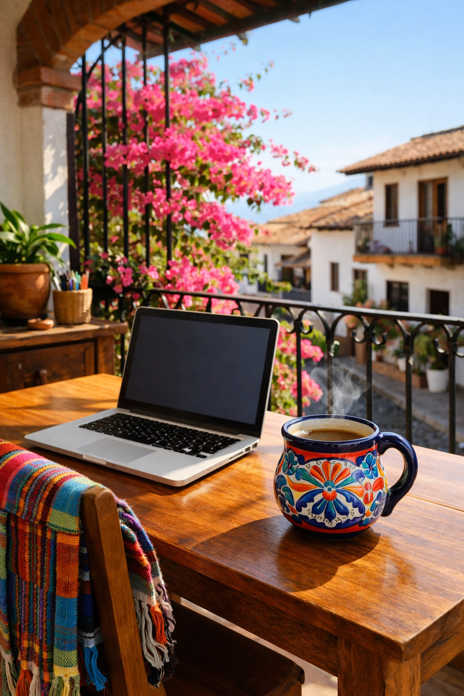 Cozy digital nomad workspace in a Puerto Vallarta apartment with traditional decor and a sunny balcony view.