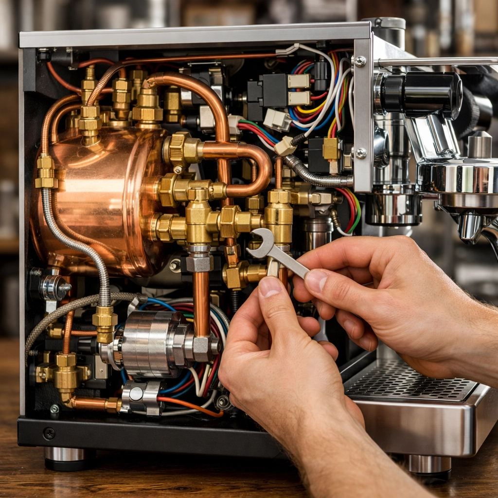 Close-up of espresso machine maintenance and technical repair for a wholesale coffee business partner.