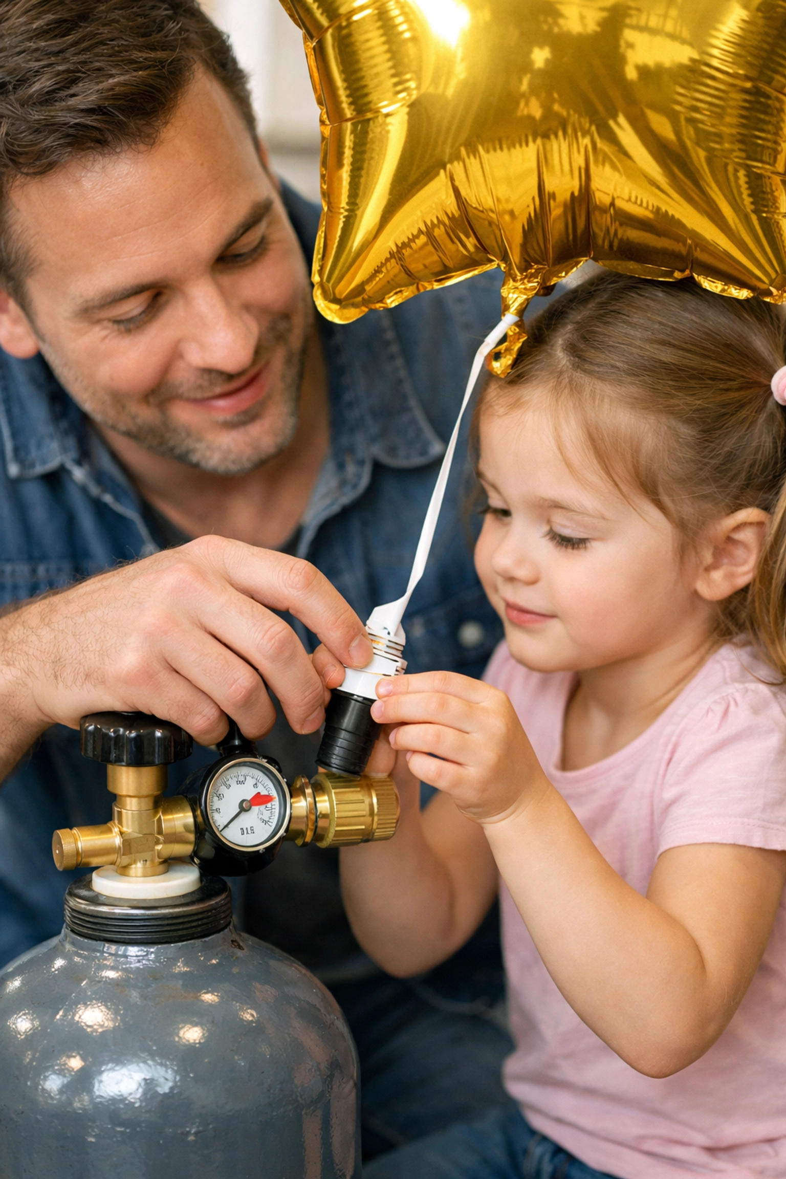 Father and daughter safely inflating a star balloon with a helium gas regulator at home.