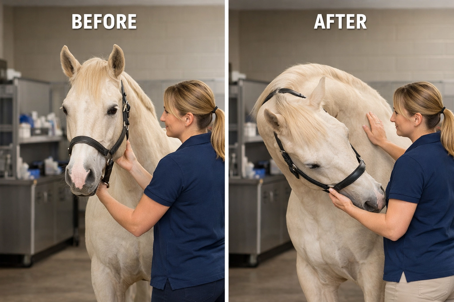 Veterinary professional evaluating horse's range of motion during chiropractic assessment