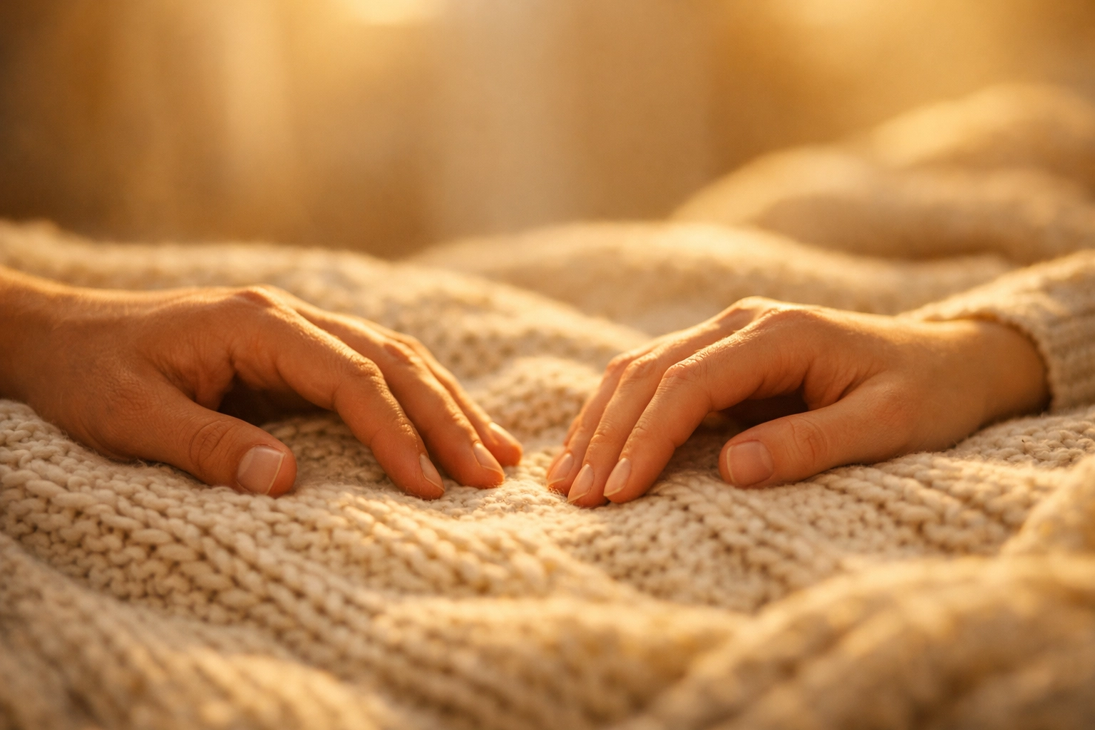 Egymás melletti kezek egy takarón, szimbolizálva a szakértői támogatást és az empátiát.