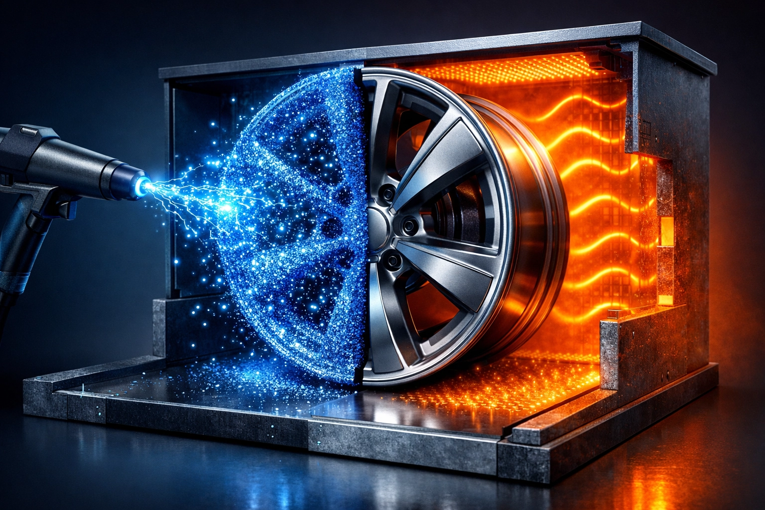 Powder coating application process showing electrostatic particle adhesion