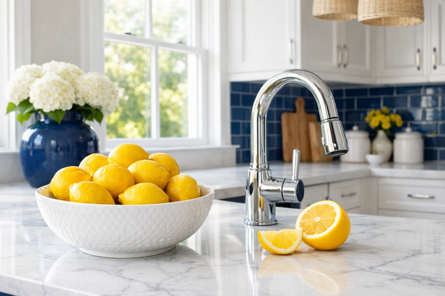 Fresh lemons on a marble kitchen counter next to a shiny chrome faucet for weekly house cleaning.