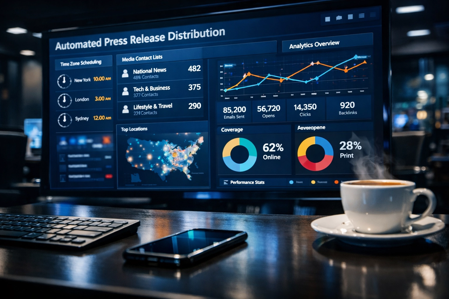 Automated press release distribution dashboard showing sports marketing campaign analytics