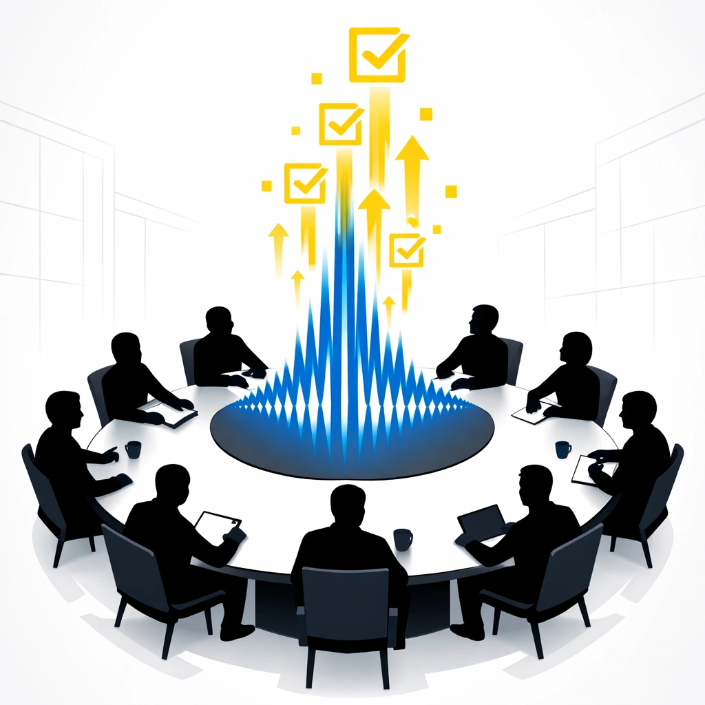 AI meeting assistant transforming group discussion into organized digital tasks and action items.