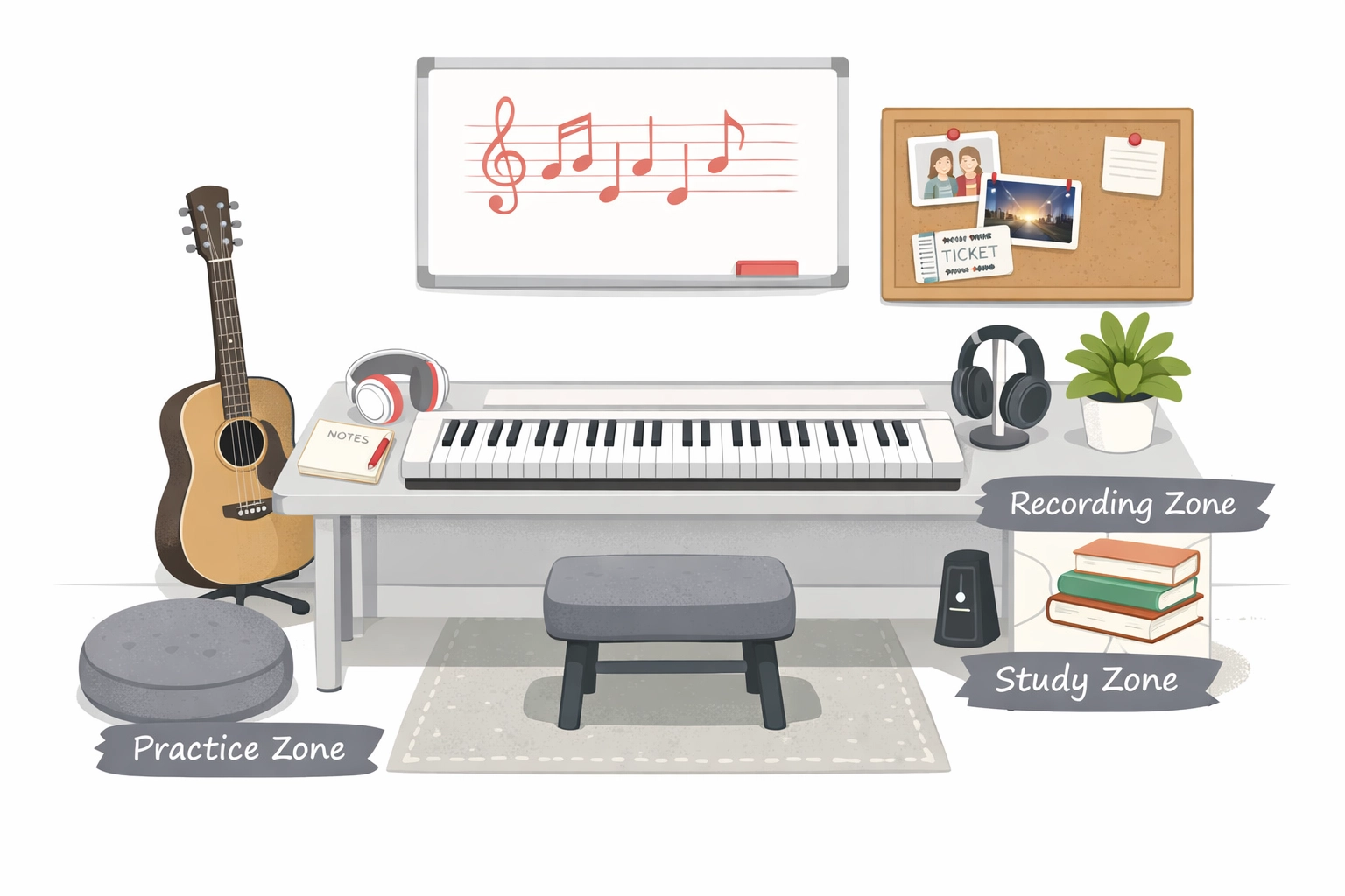 Multi-zone piano practice space with keyboard, whiteboard, and inspiration board