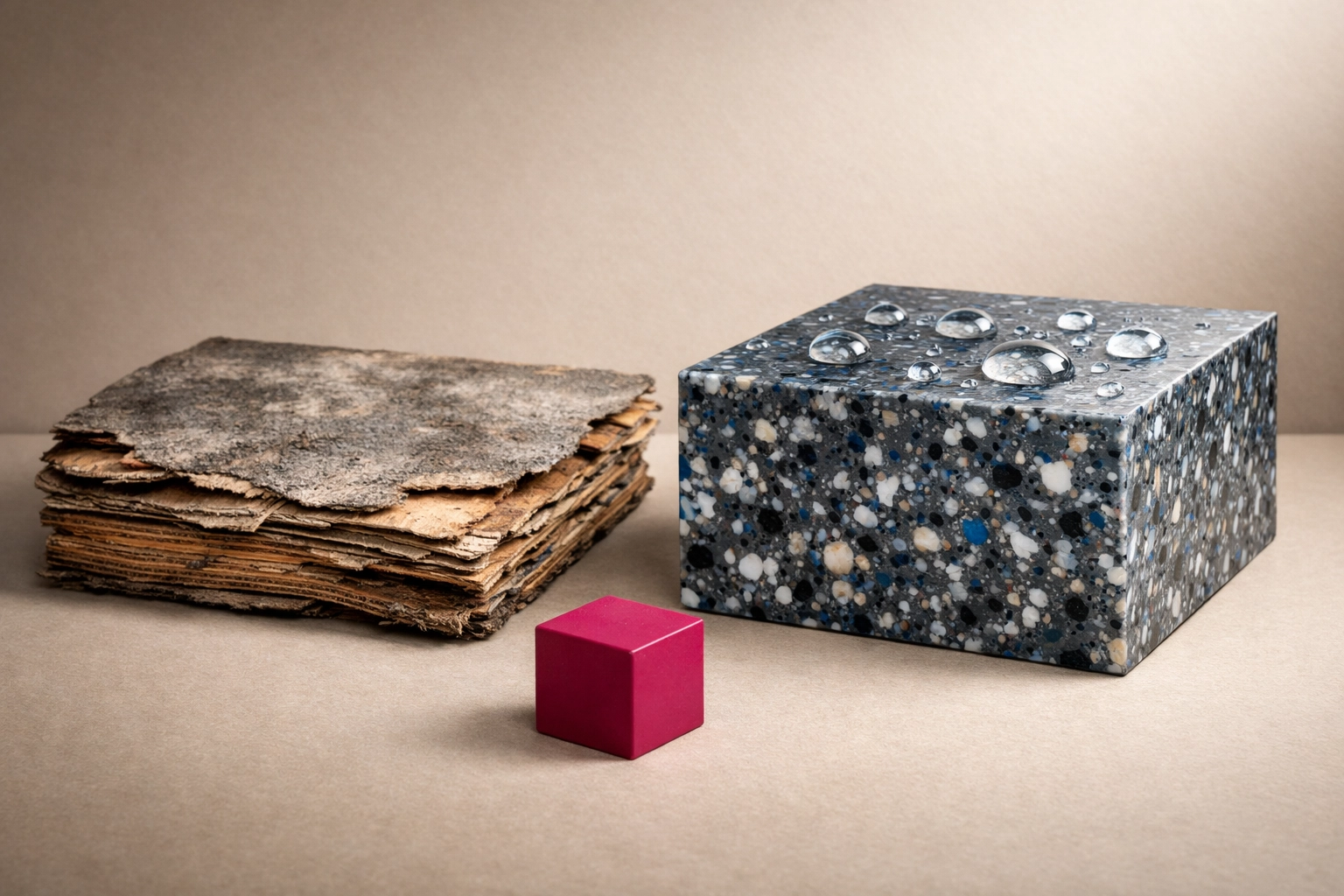 Recycled plastic vs timber comparison showing rotted plywood next to a durable, water-resistant recycled plastic panel.