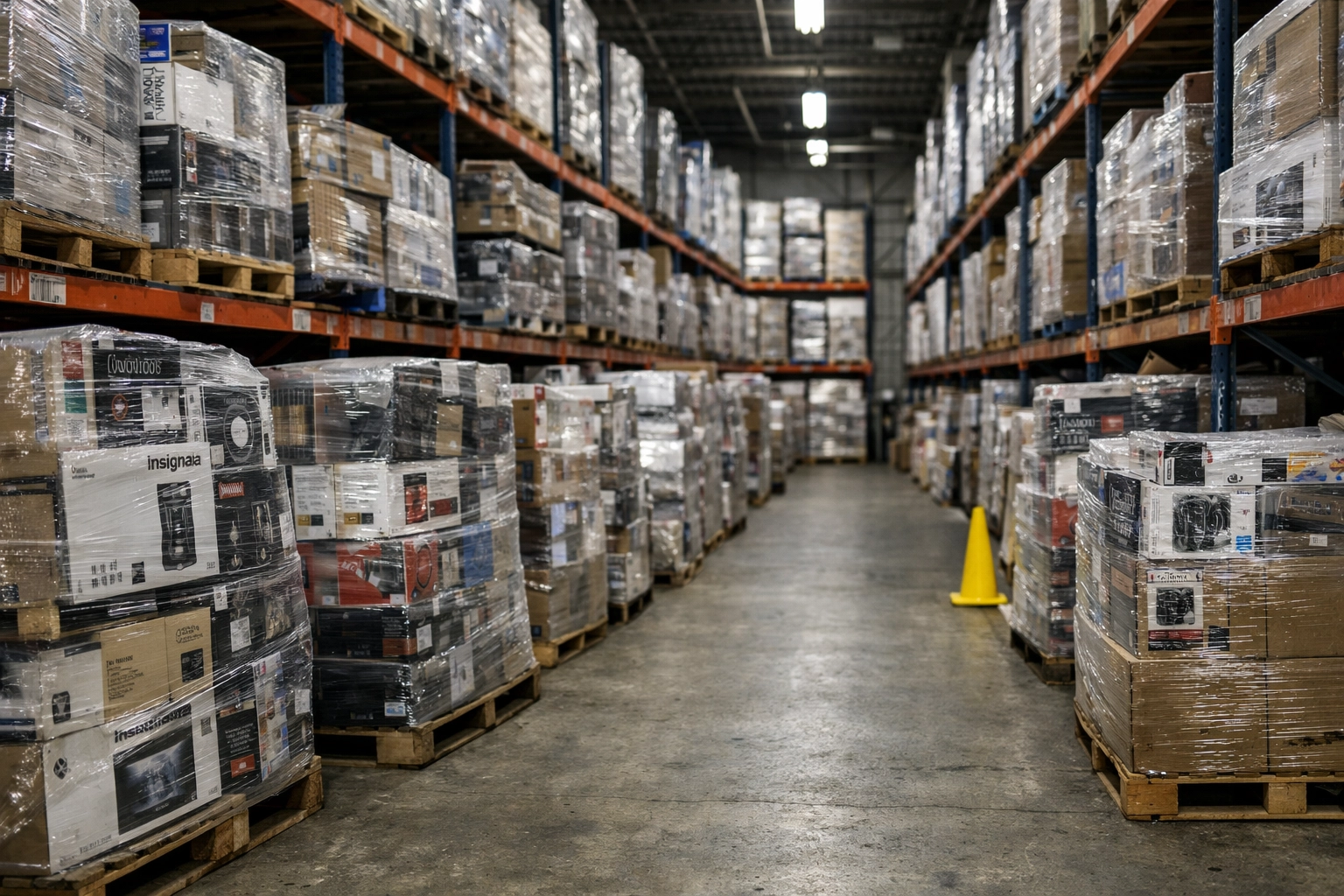 Warehouse aisle with organized liquidation merchandise inventory from major retailers
