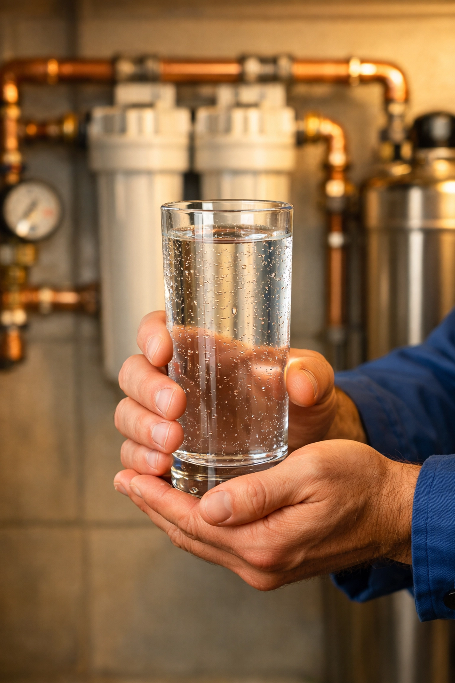 A professional plumber holding clear drinking water near a professionally installed filtration system.