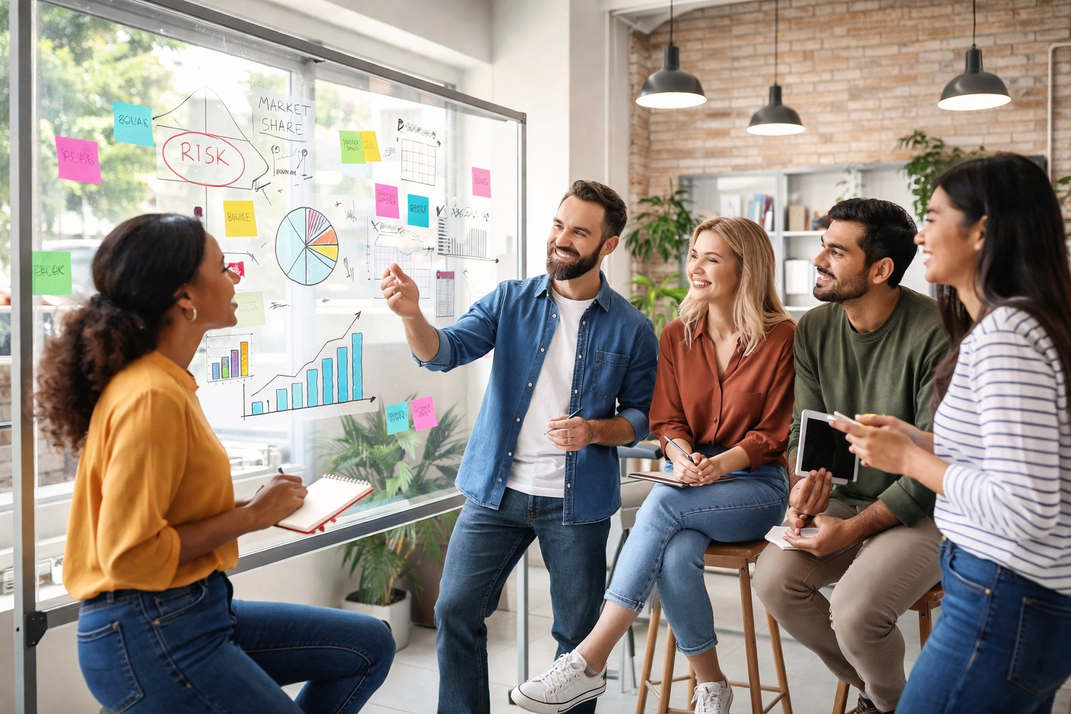 Diverse startup team analysing whiteboard with metrics, representing collaborative startup valuation process.
