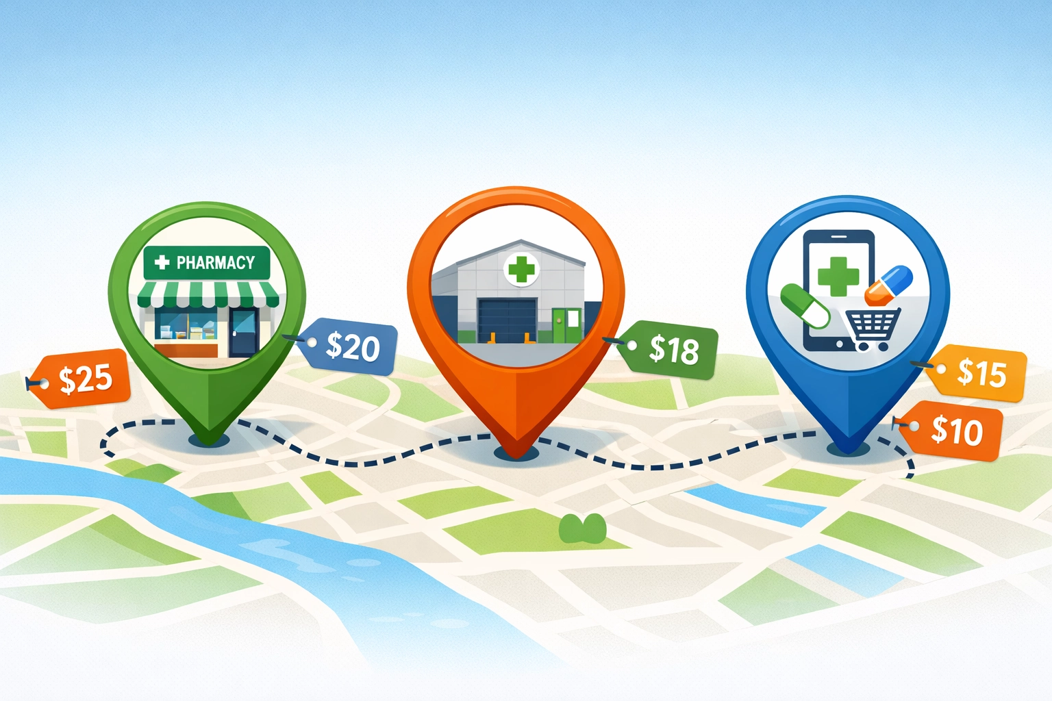 Map showing different pharmacy locations with price comparison for weight loss medication