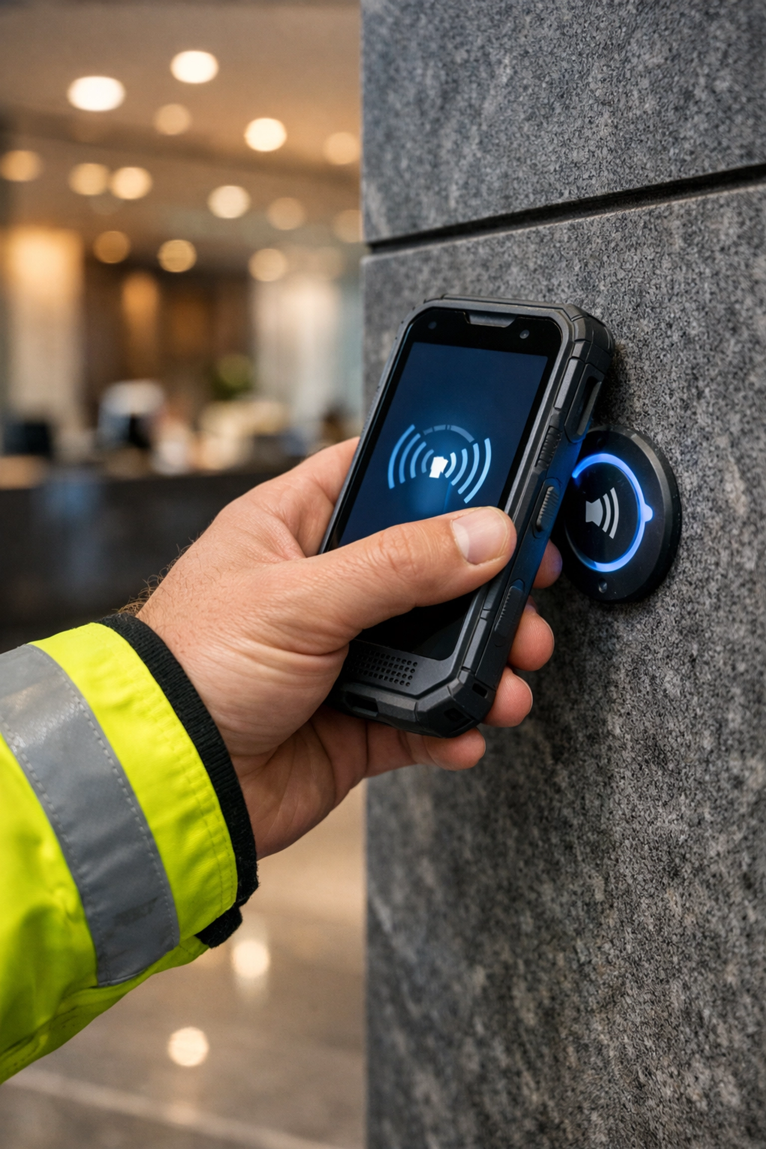 London security officer using a handheld device to scan an NFC checkpoint for transparent reporting.