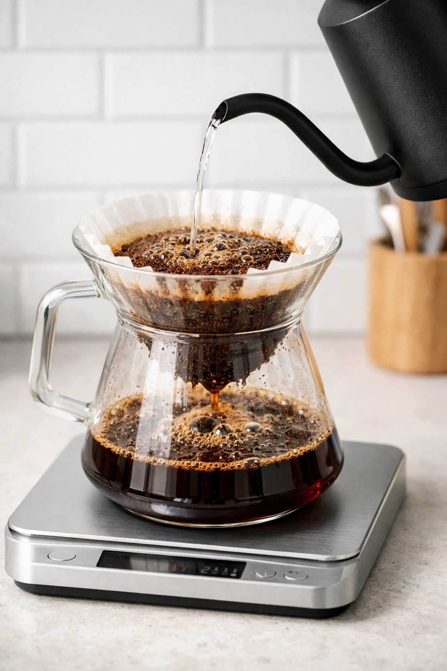 Precision digital coffee scale and glass carafe being used to measure exact water-to-coffee brewing ratios.
