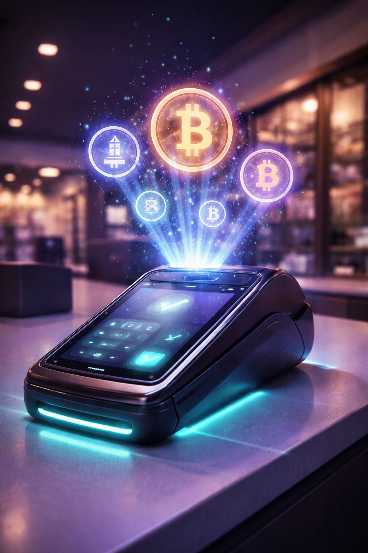 Futuristic crypto POS terminal at a small business checkout, highlighting blockchain payments and low transaction fees.