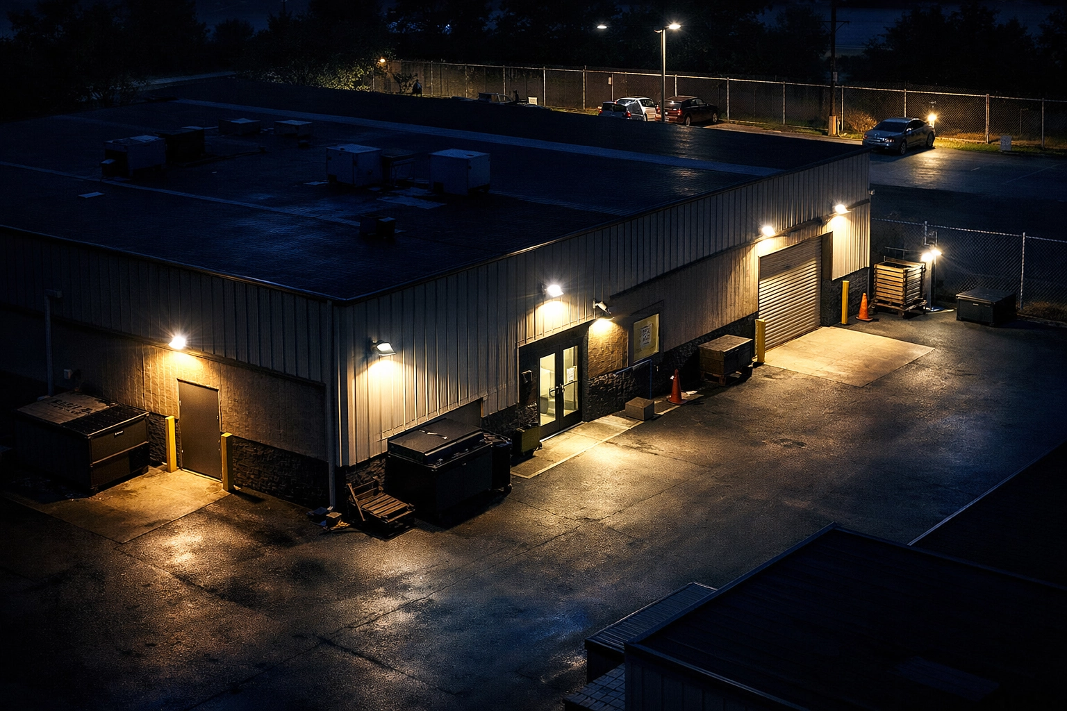 Motion-activated security lighting illuminating vacant property perimeter at night