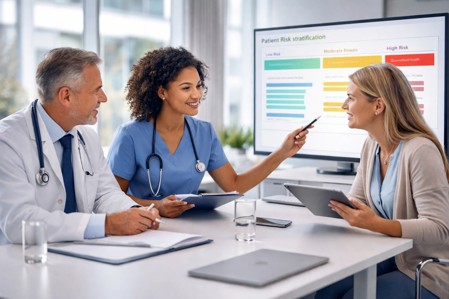 Healthcare team reviewing patient risk scores to coordinate early intervention and reduce hospitalizations