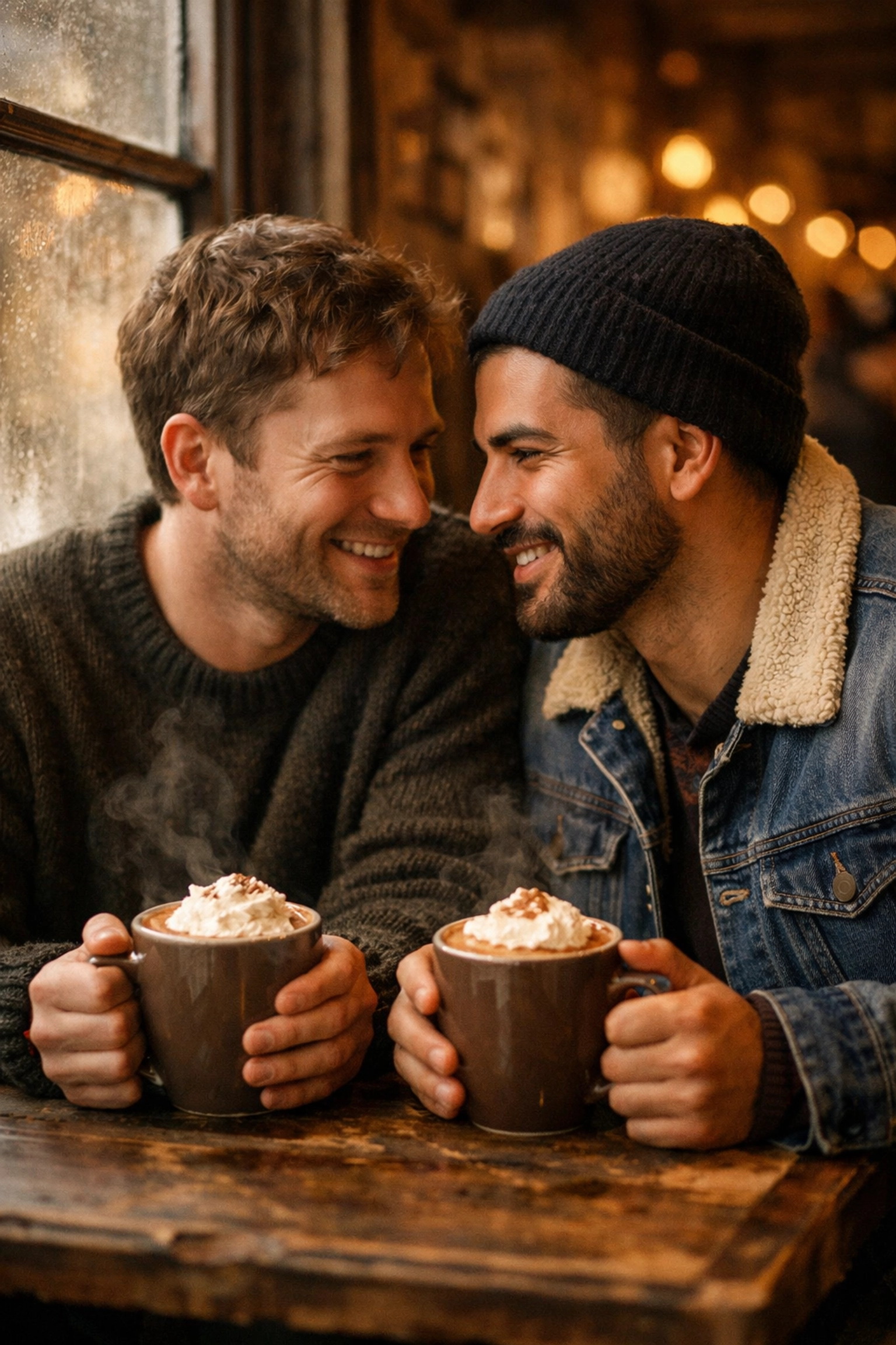 Two men sharing hot chocolate at cozy café during winter date - intimate conversation