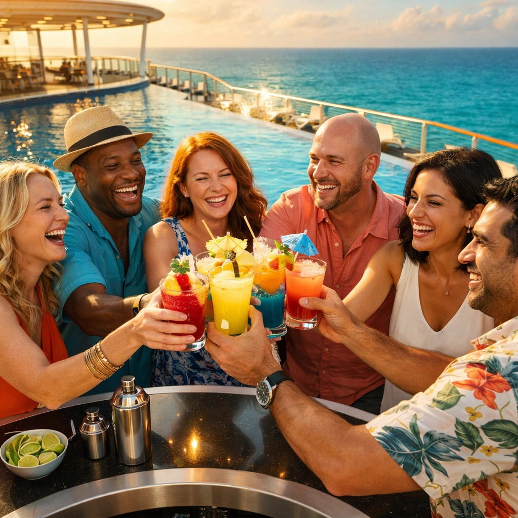 Friends enjoying cocktails by the cruise ship pool bar under a golden Caribbean sunset.