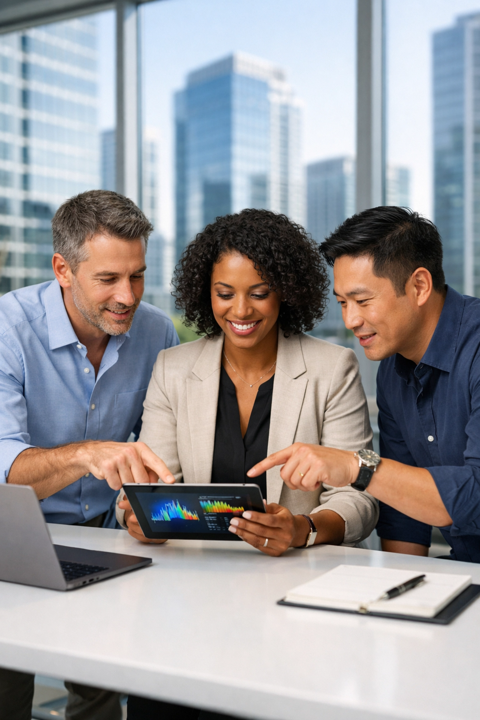 Professionals in a modern office collaborating on a strategic Dakdan Worldwide brand partnership growth plan.