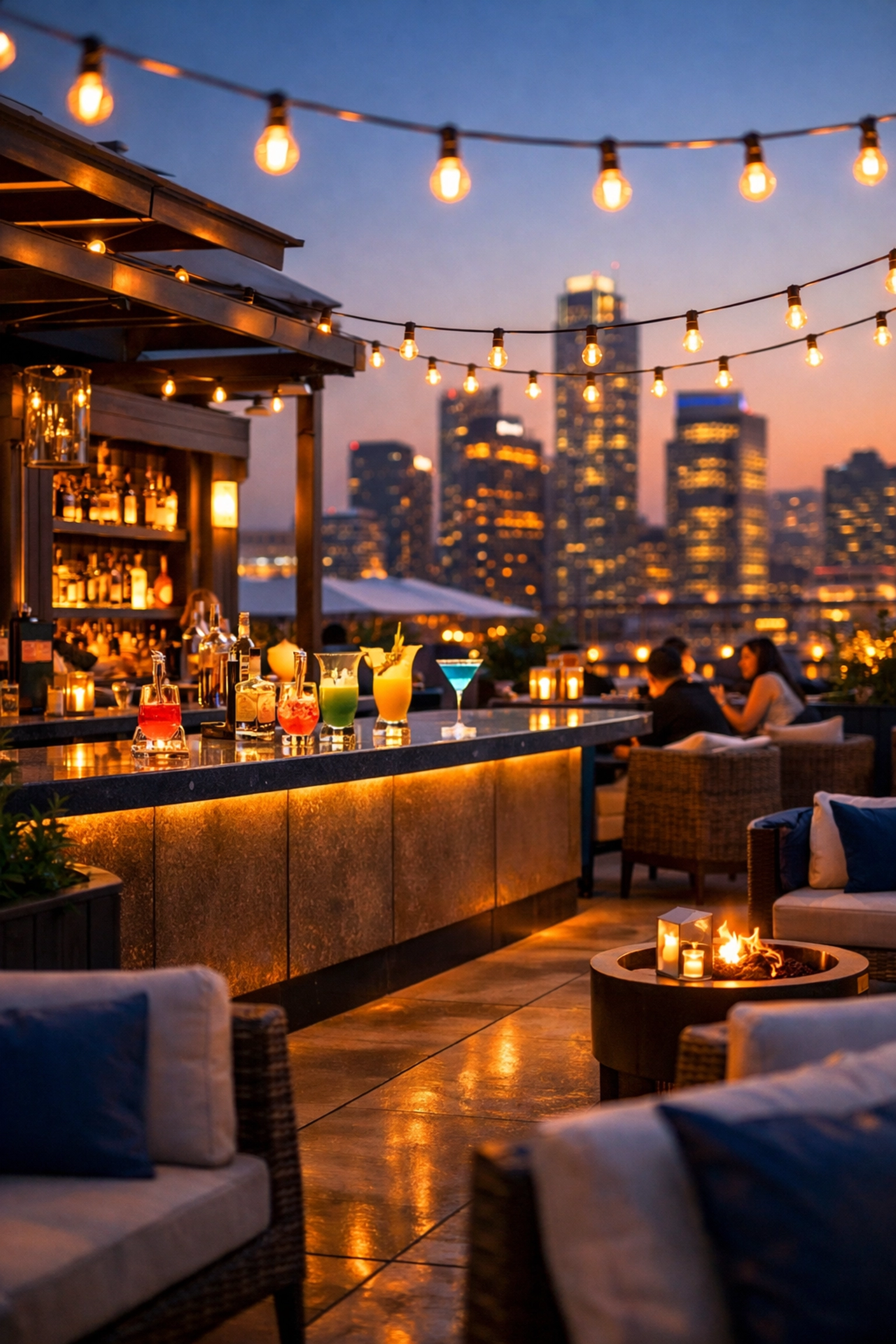 Upscale hotel rooftop bar at evening with cocktails demonstrating location-based guest recommendations
