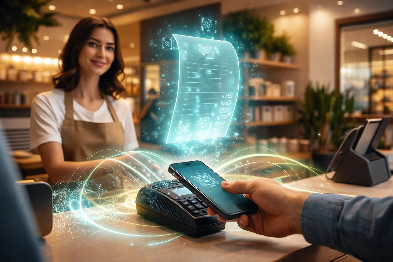 Customer taps phone for crypto payment at a modern checkout, while a blockchain-verified NFT receipt appears, showcasing Larecoin’s innovative POS technology.