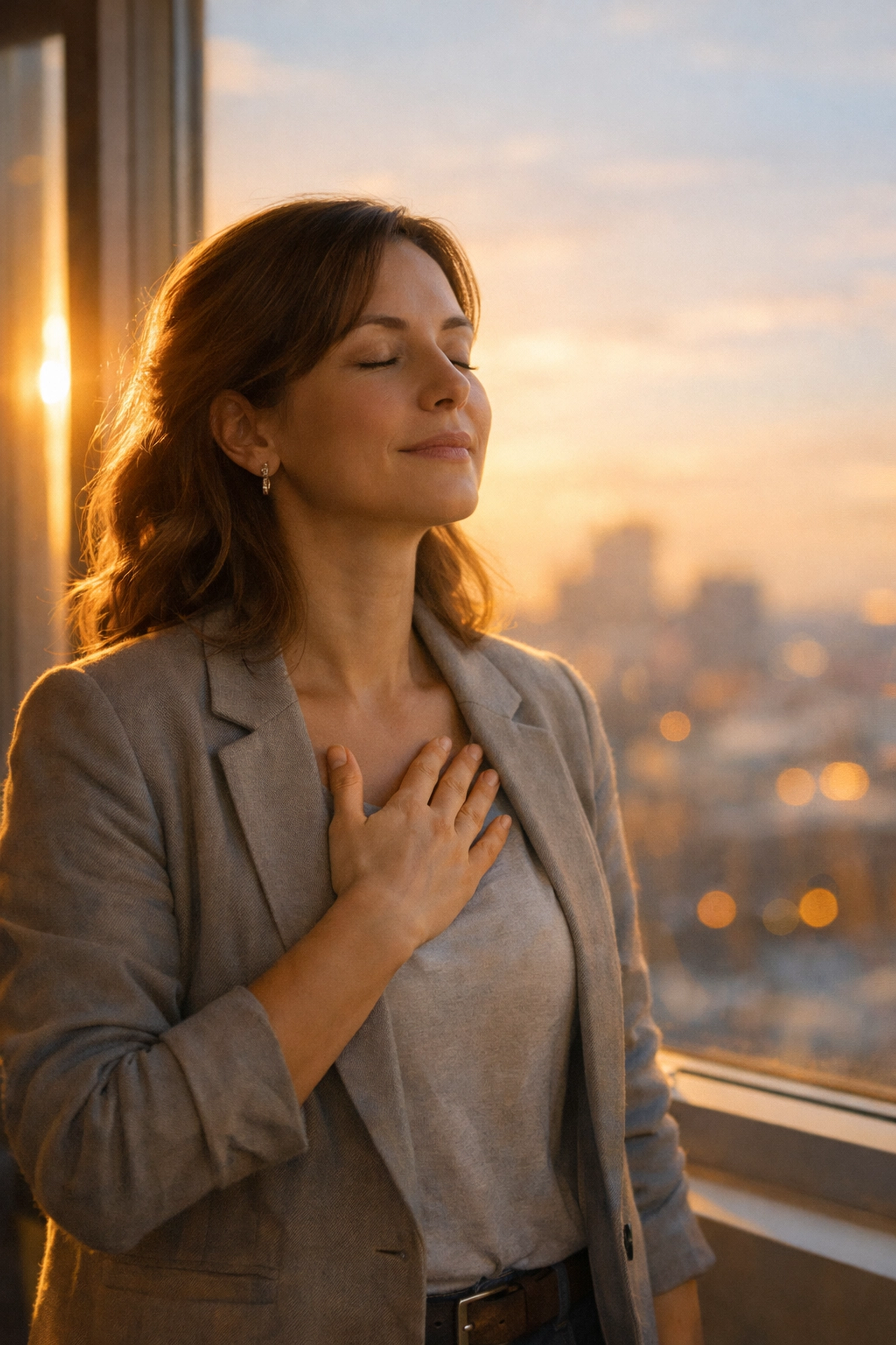 Professional woman practicing mindful breathing by office window to stop doomscrolling