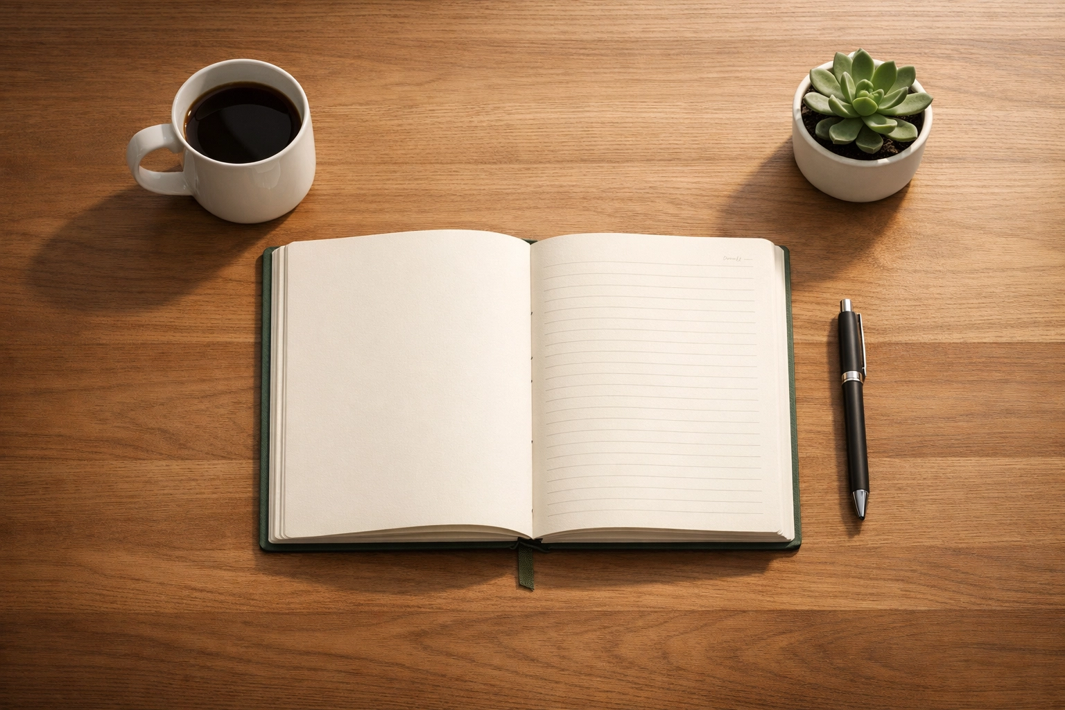 Open leadership journal on desk with coffee showing weekly planning and organization