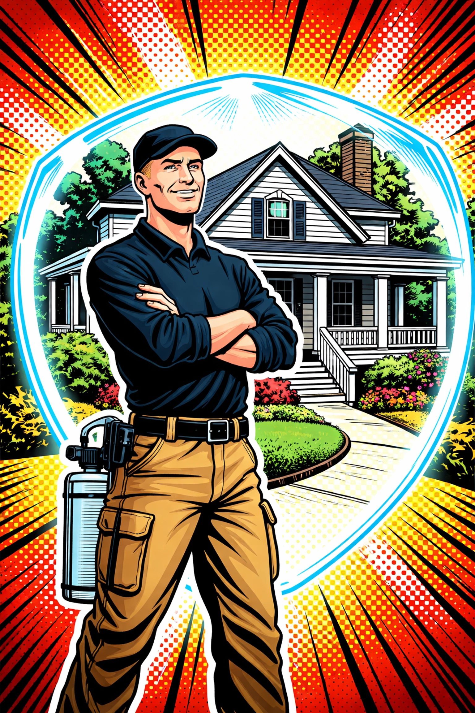 Pest control technician stands heroically in front of an Alabama home, symbolizing complete home protection bundle.