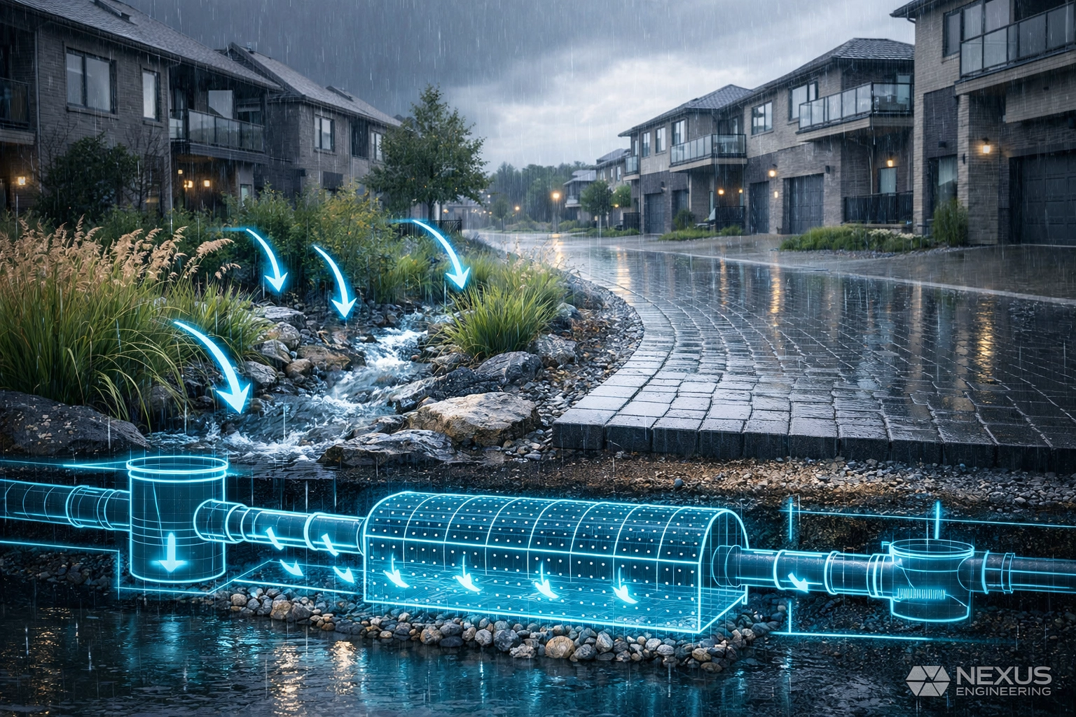 Modern Ontario residential development with LID stormwater management and engineering CAD overlays.