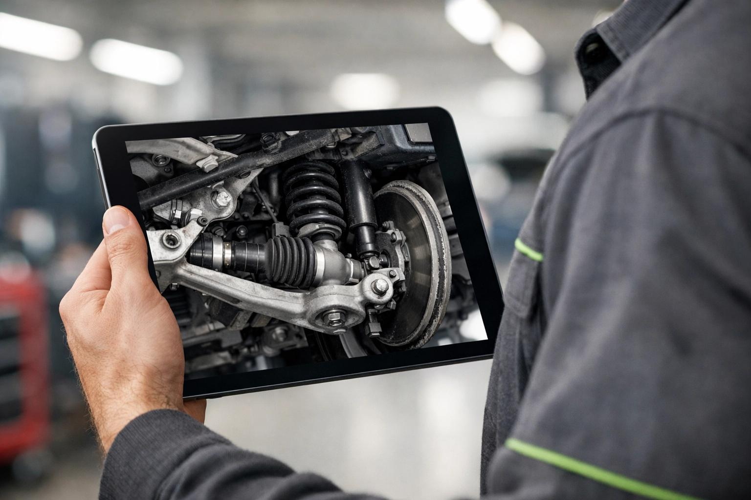 Technician displaying a digital inspection of vehicle suspension parts on a tablet in a modern auto shop.