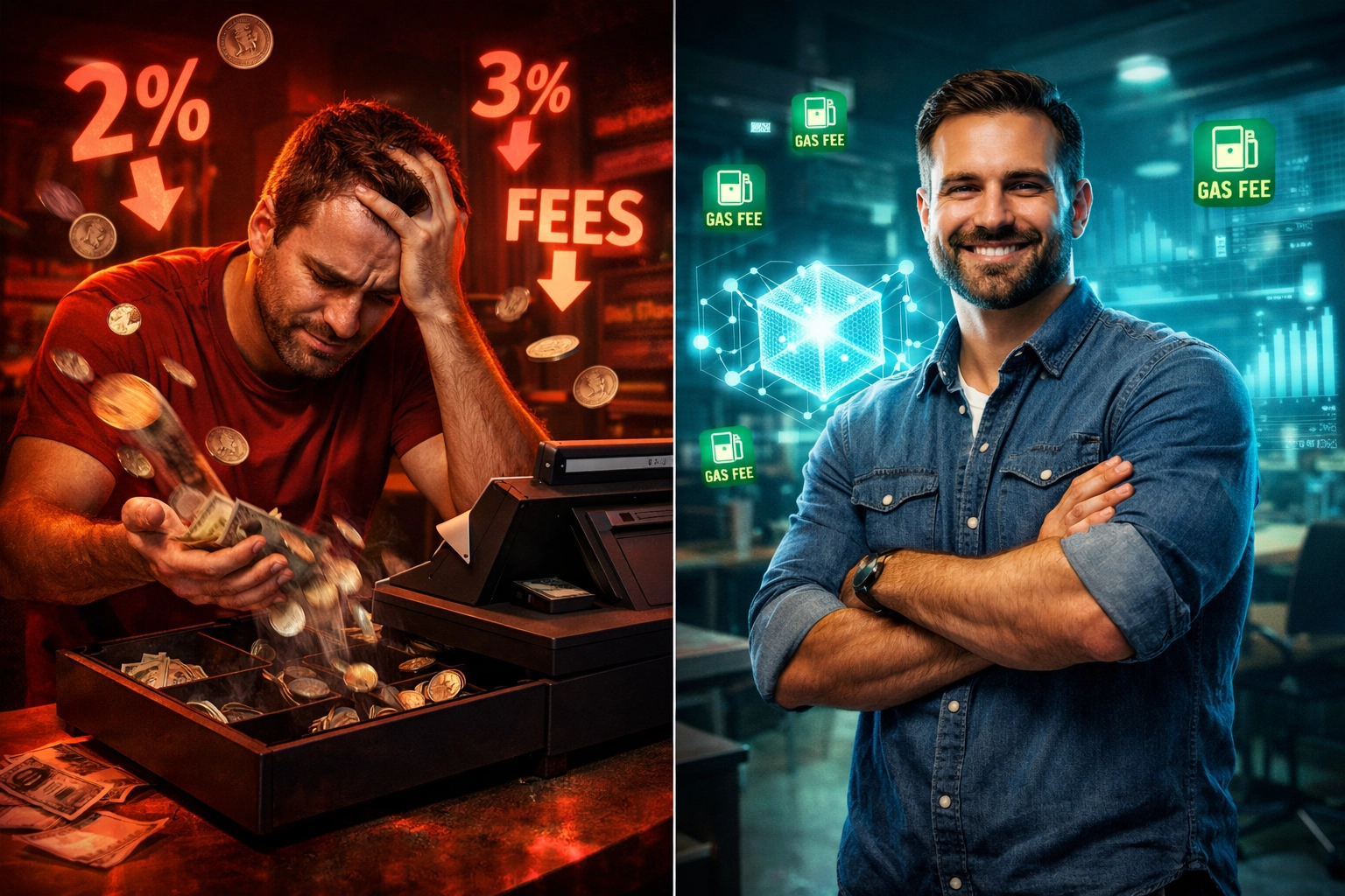 Merchant fee comparison showing percentage-based fees versus gas-only crypto payment model savings