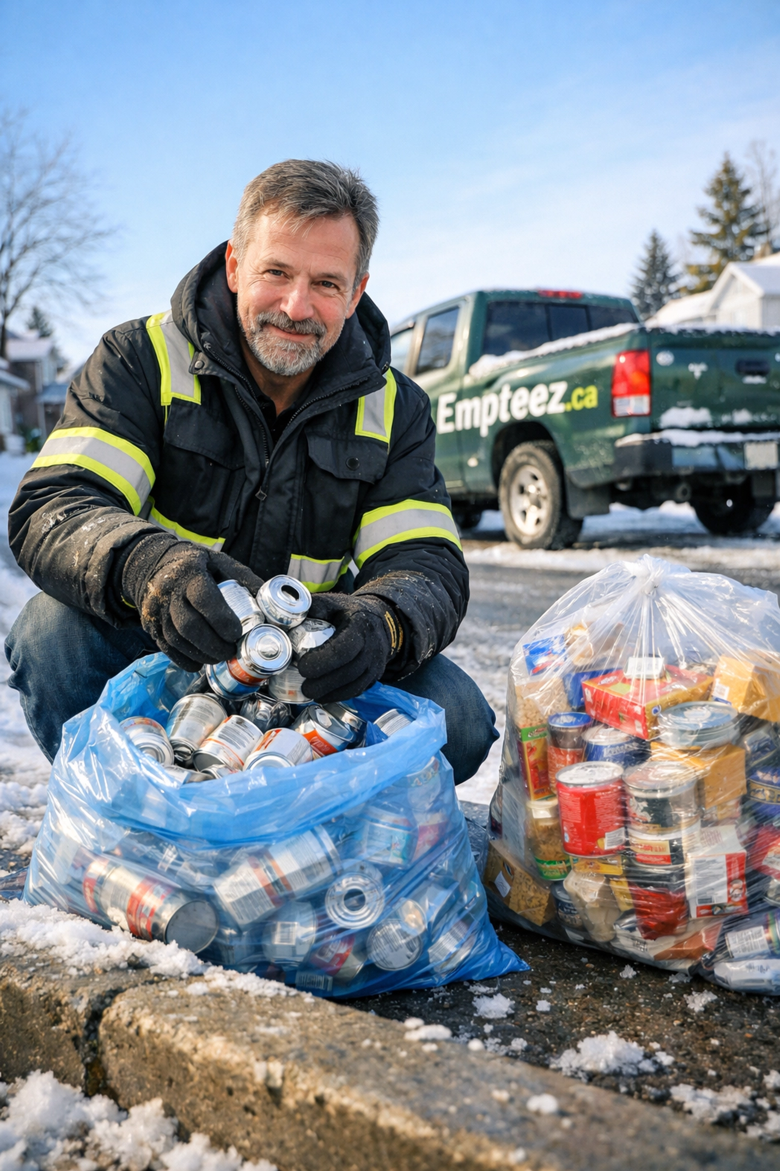 Empteez.ca curbside pickup service collecting aluminum cans and food donations in Guelph