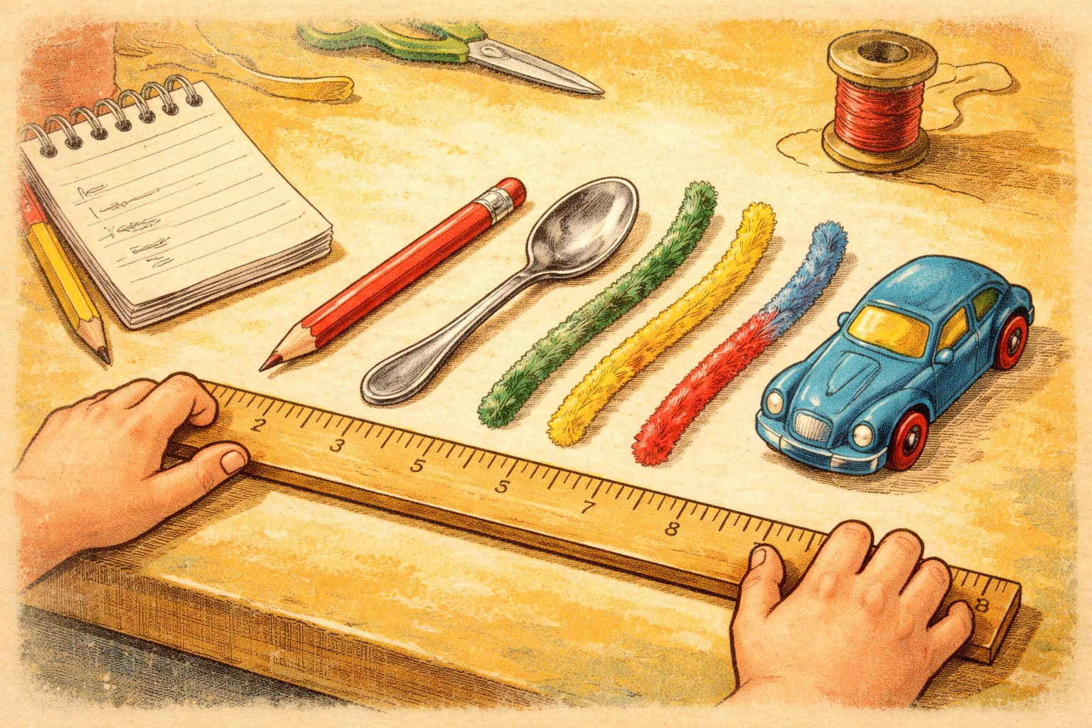 Child's hands using a wooden ruler to measure a variety of household objects on a table for a kids measuring activity