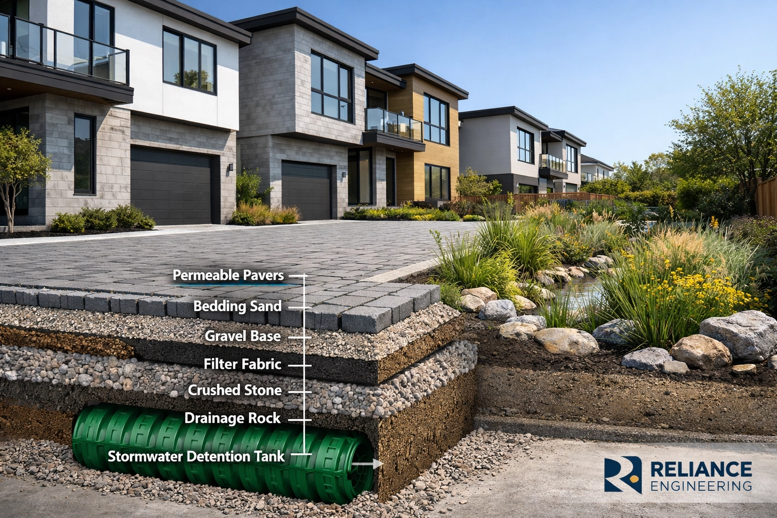 Modern 4-plex featuring permeable driveway and stormwater management systems for Ontario building permit approval.