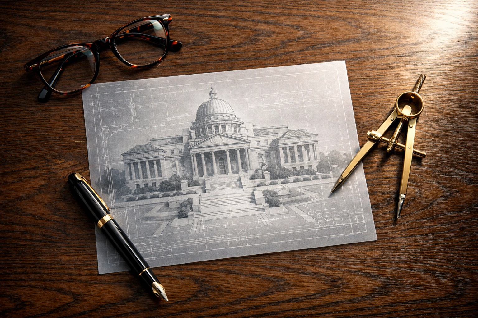 Professional desk with a blueprint and compass representing a strategic exit blueprint and executive leadership strategy.