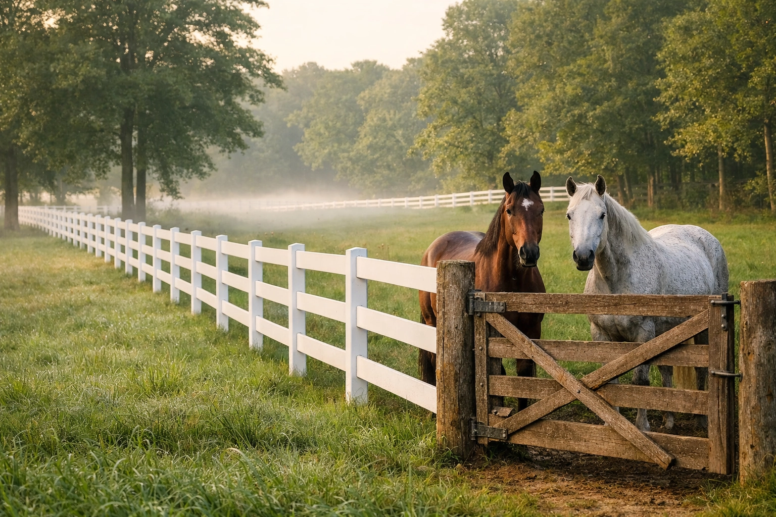 White board fencing and horses grazing in Waxhaw equestrian property pastures