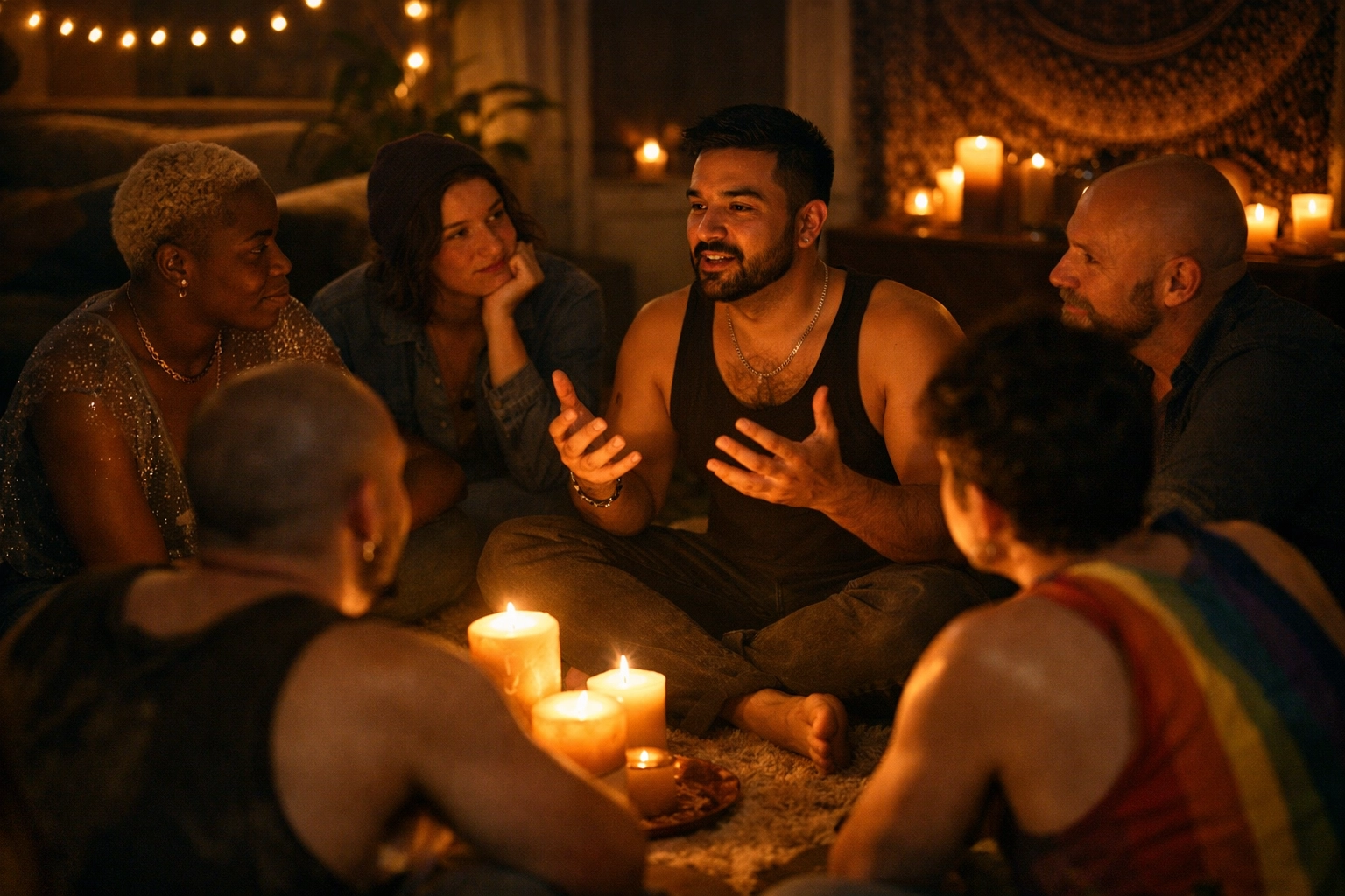 Queer friends sharing heartfelt stories in a candlelit circle, celebrating their community bonds.