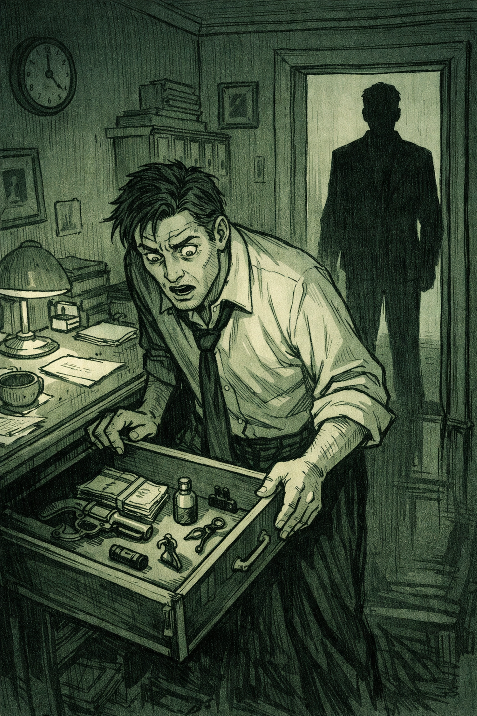 Man discovers hidden items in desk drawer while husband's silhouette looms - gay psychological thriller scene