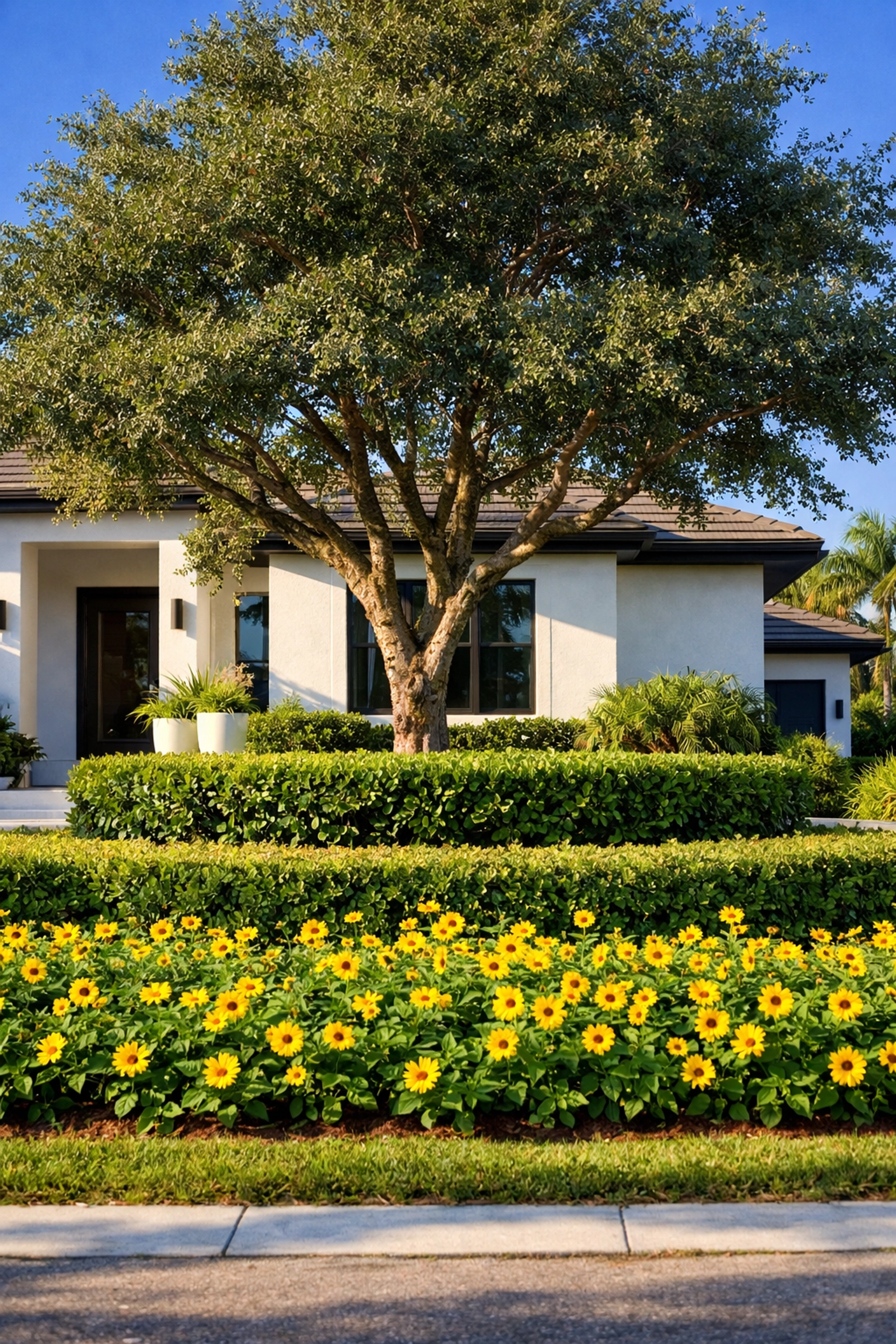 Cape Coral home with salt-tolerant landscaping featuring Black Olive tree and Cocoplum hedges
