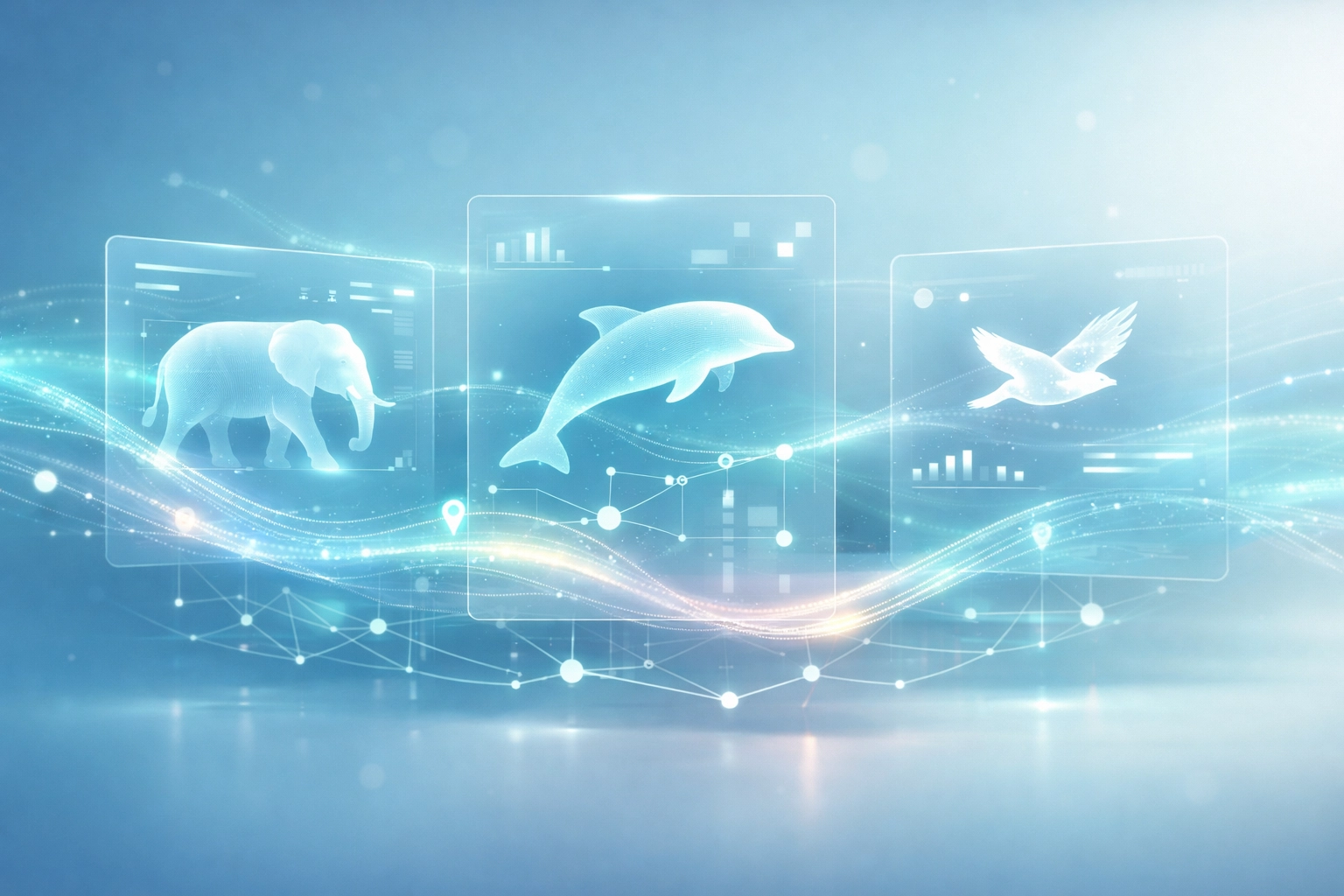 Living app concept showing dynamic animal care software with interconnected data streams and animal silhouettes