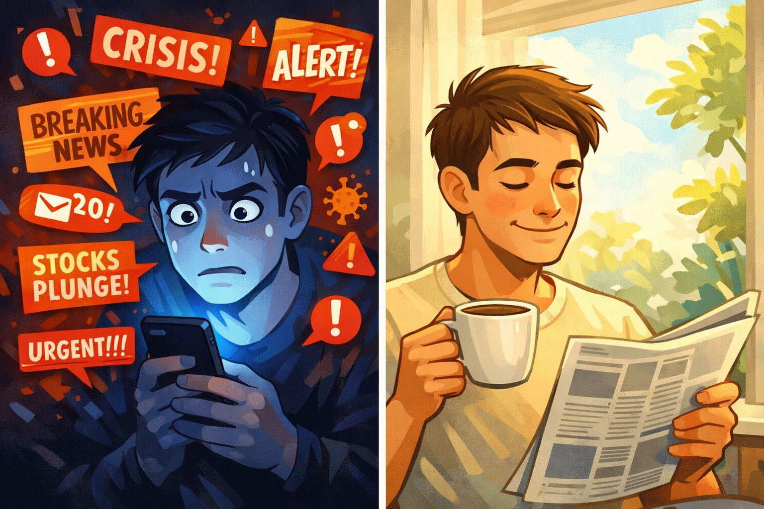 Stressed person checking phone news vs calm person reading newspaper with coffee in morning