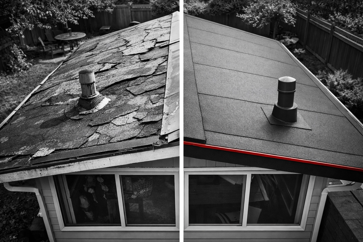 Before and after sunroom roof replacement comparing old failing material to new modified bitumen
