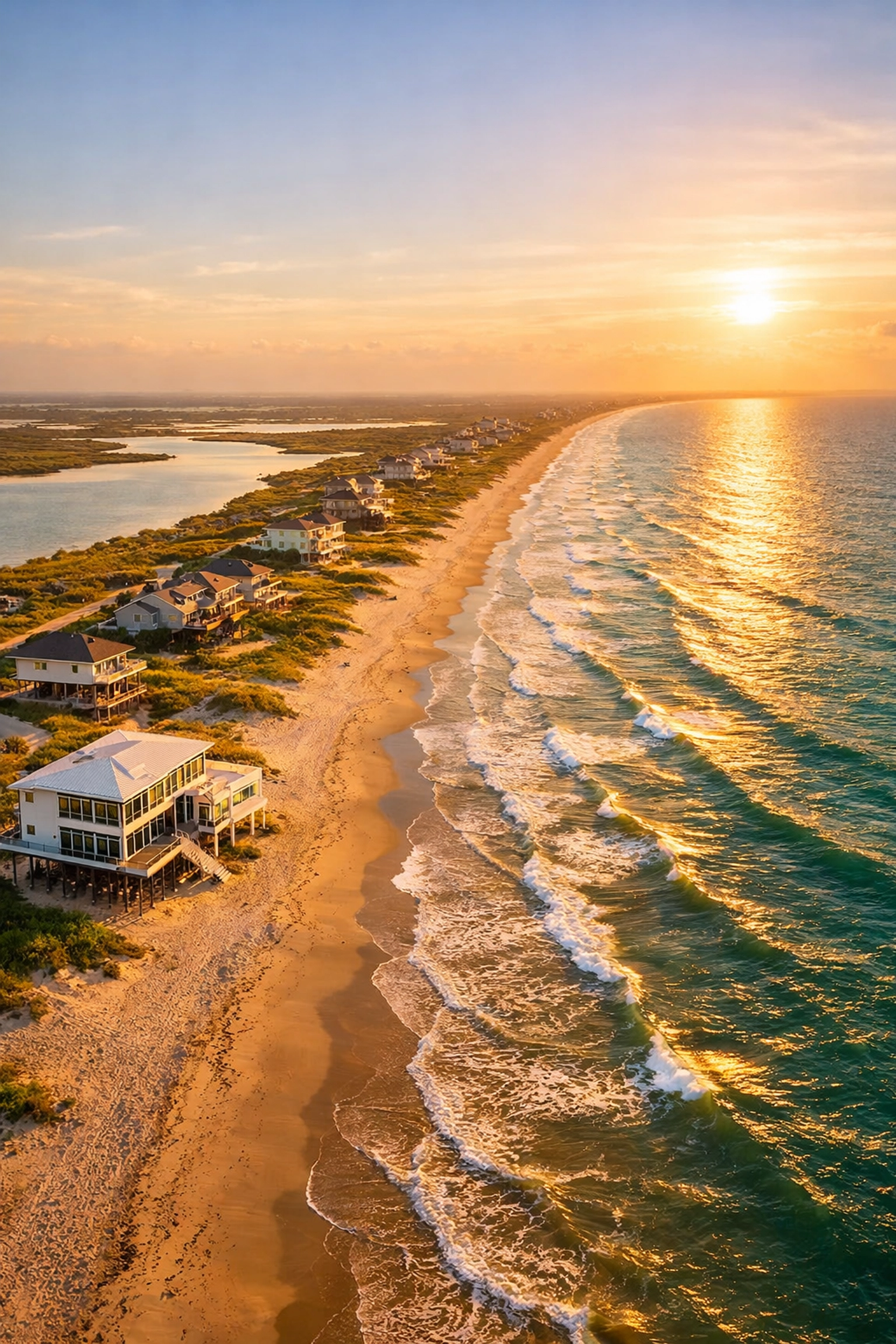 Aerial view of Bolivar Peninsula beachfront homes along pristine Gulf Coast shoreline