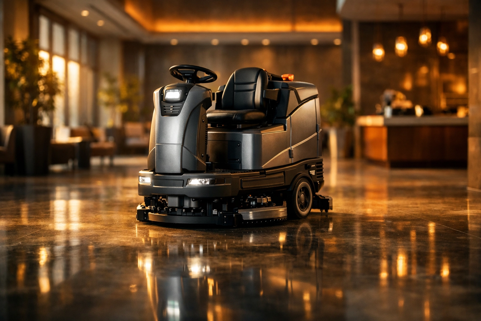 Industrial floor scrubber in a luxury lobby, highlighting equipment financing for expanding janitorial services.