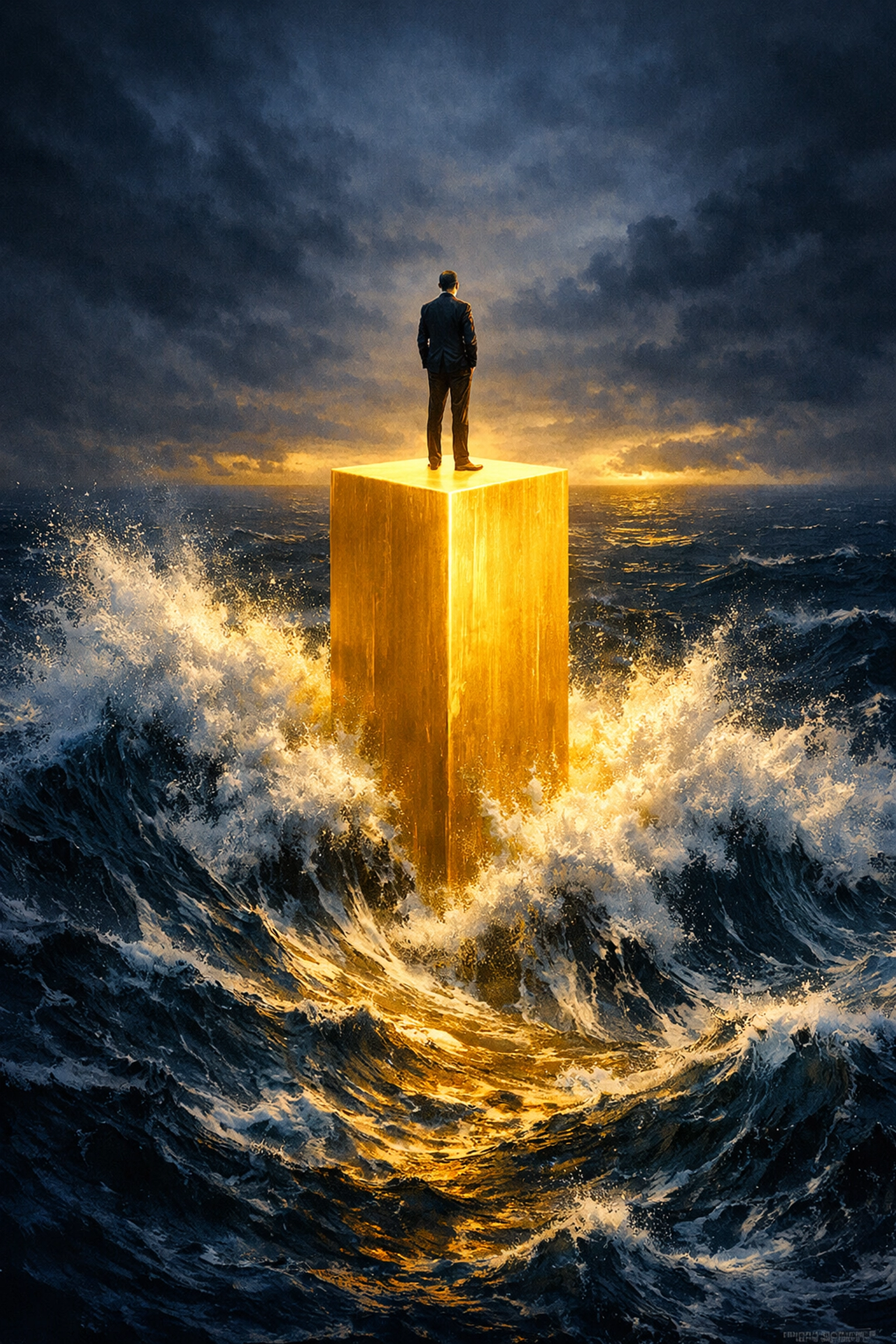 Person standing securely on a golden monolith above crashing ocean waves, symbolizing financial resilience.