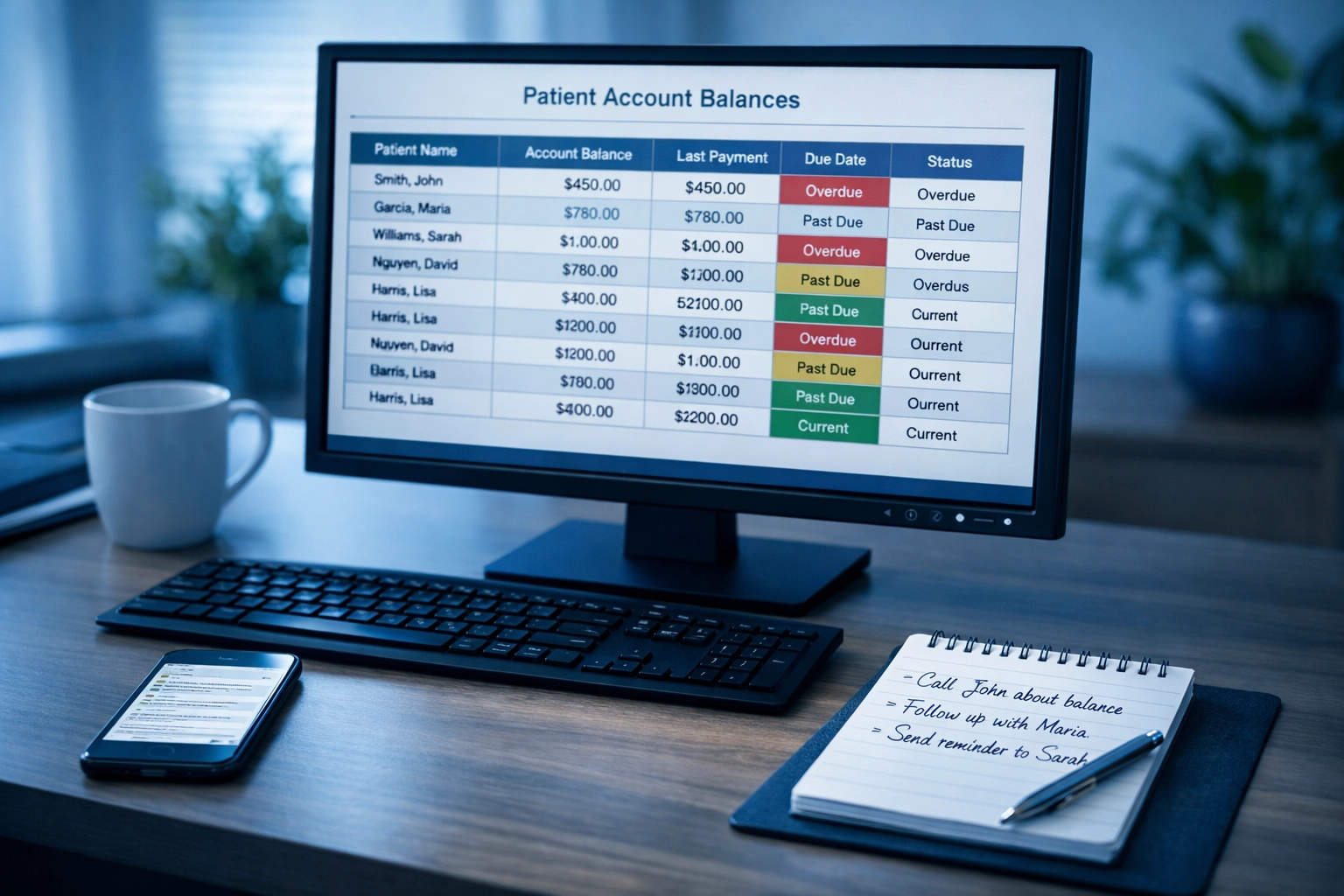 Dental office manager reviewing financial spreadsheet and patient account balances