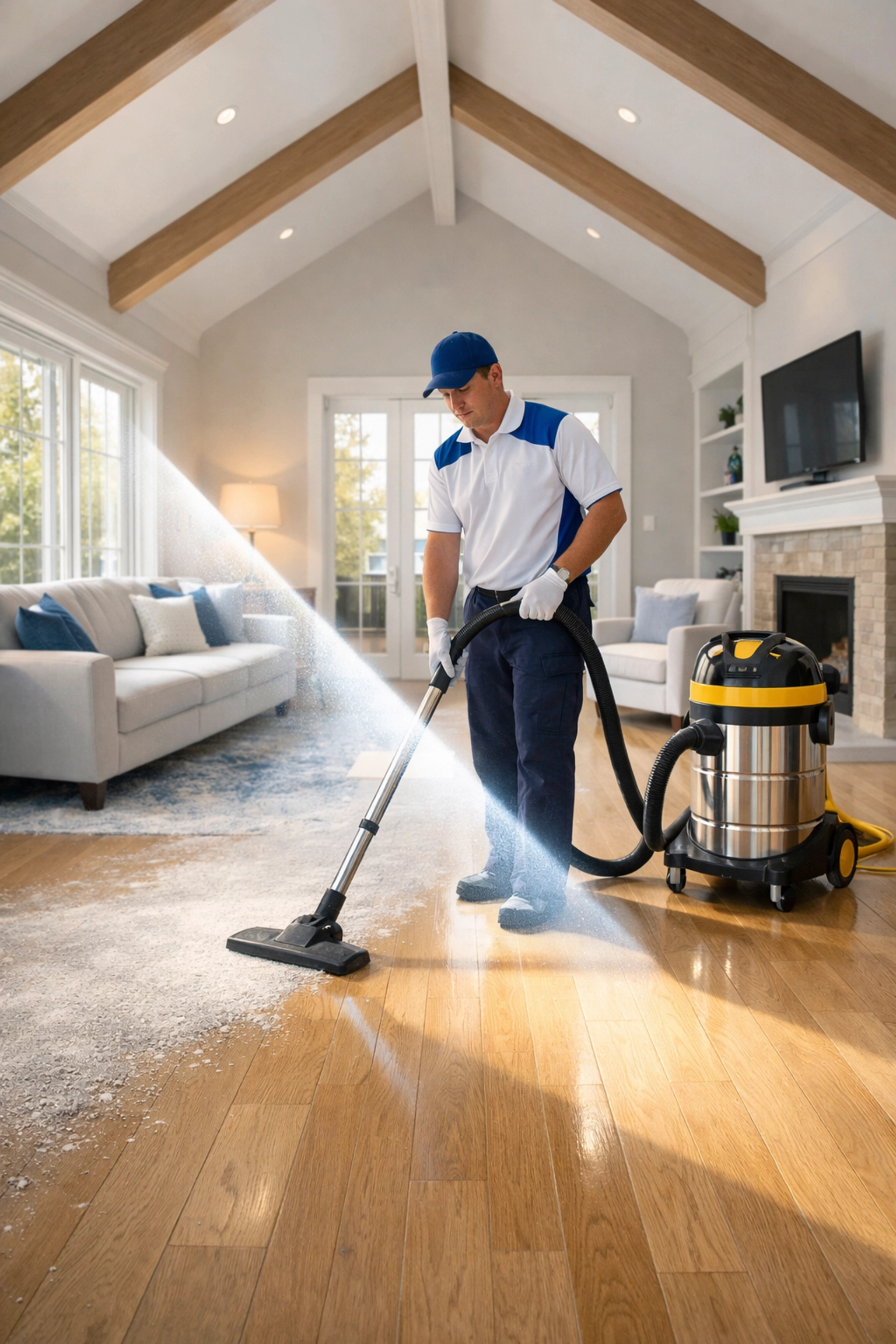 Professional cleaner using a HEPA vacuum for post-construction cleaning in Walpole to capture fine drywall dust.